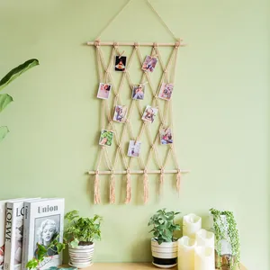 Nordic boho macrame wall hanging photo display with wooden clips and tassels