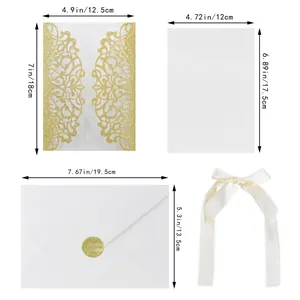 Detailed dimensions for gold laser-cut invitation, inner card, envelope and ribbon bow