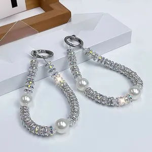 Luxury Rhinestone Artificial Pearl Phone Chain Metal Hand Strap For Women Fashion Lanyard Phone Charm Hanging Decoration