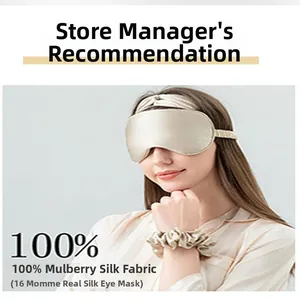 Caucasian model wearing a premium champagne silk sleep mask and matching scrunchie set