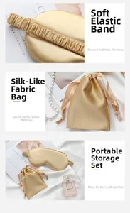 Detailed close-up of champagne faux silk eye mask and matching storage pouch set