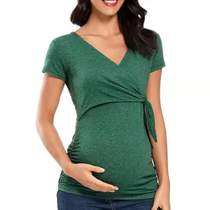 Short-sleeved dark green V-neck cross-wrap maternity nursing T-shirt with side tie