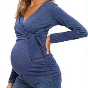 Comfortable maternity nursing long sleeve wrap V-neck T-shirt in textured navy blue