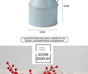 Vintage blue distressed iron milk bucket vase for artificial flowers with dimensions