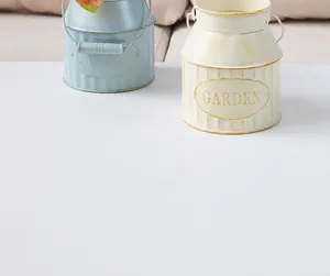 Detailed view of retro vintage style iron flower buckets in cream and light blue colors