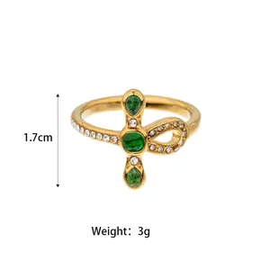 18K gold plated stainless steel ring with green zircons, height 1.7cm, weight 3g