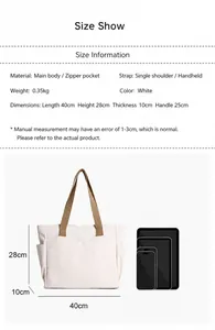 Umfassende Größentabelle und Maßangaben für weiße minimalistische Segeltuchtasche