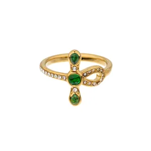 Elegant 18K gold plated stainless steel ring with green zirconia and flower motif