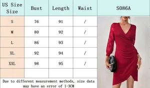 Size chart information for elegant women's red V-neck dress with lace long sleeves