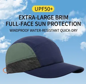 Close-up of retro color-block 5-panel outdoor cap with UPF50+ sun protection and quick-dry fabric