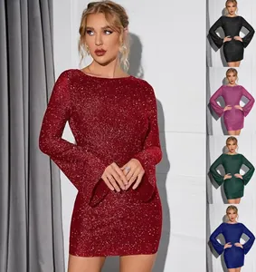 Glittery sequin long bell sleeve mini dress for party and club wear in multiple colors.