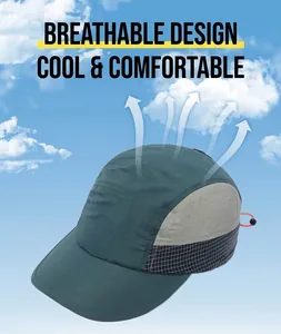 Detailed view of quick-drying five-panel cap featuring breathable fabric and mesh grid paneling.