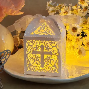 Vine Cross Laser Cut Pearl Paper Candy Box Elegant Wedding Party Decoration Hollow Gift Box With Ribbon For Baptism Favors