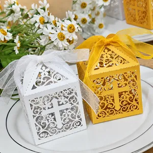Laser cut hollow cross favor boxes with ribbons for wedding party decorations