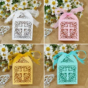 Hollow-out cross candy boxes with ribbons for wedding and first communion party decor