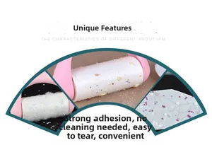 Detail view of pink lint roller showing effective hair and crumb removal on fabrics