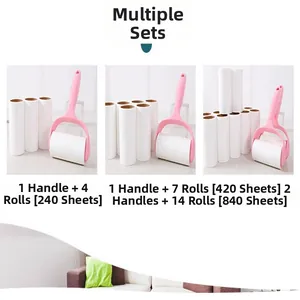 Detail view showing various set options for adhesive lint rollers with pink handles
