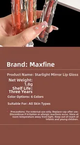 Detailed product specifications and close-up of shimmering mirror lip glaze texture.