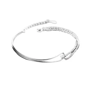 Minimalist double-layer silver bracelet with asymmetric chain and curved tube design