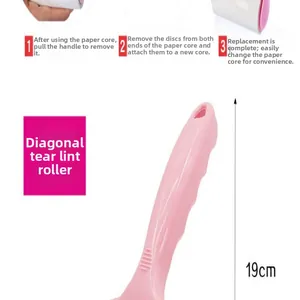 Close-up detail of a pink lint roller with diagonal tear sheets and 19cm dimension
