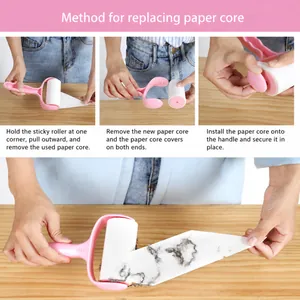 Instructional guide for replacing the adhesive lint roller paper core easily.