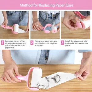 Instructional guide for replacing the adhesive lint roller paper core easily.