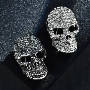 Broche Tête de Mort Punk en Strass pour Femmes Hommes Alliage Argent Noir Squelette Gothique Pin's pour Fête Halloween Bijoux