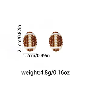Detail of football stud earrings with brown rhinestones and measurement data