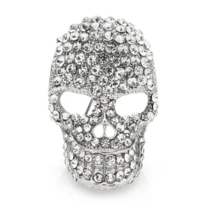 Exquise broche tête de mort en strass argentés de style punk pour accessoires de fête