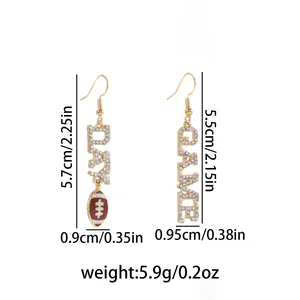 Detailed product specifications for Game Day football rhinestone drop earrings with dimensions
