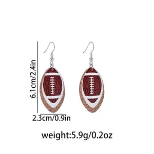 Detail view of football earrings showing 2.4-inch length and 5.9g weight specs.