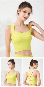Viste dettagliate frontali, laterali e posteriori di un reggiseno sportivo giallo