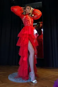 Elegant red mesh long sleeve prom dress with tiered tulle skirt and high slit detail