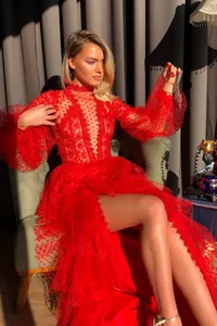 Elegant red mesh long sleeve prom dress with lace details and polka dot tulle layers.