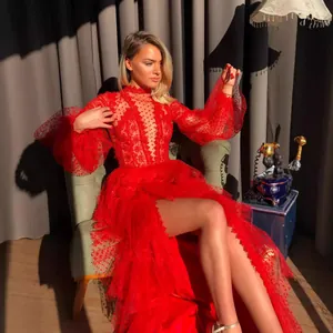 Elegant red mesh long-sleeve prom dress with polka dot textures for evening gala