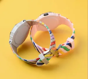 Close-up detail view of the vibrant colorful rainbow silicone straps on LED digital sports watches.