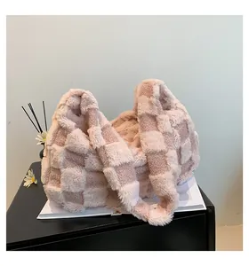 High-capacity pink and white plush checkered tote bag with soft texture details