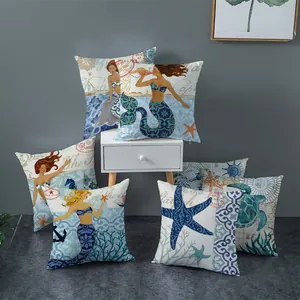 Decorative ocean-themed mermaid and starfish throw pillow covers for sofa and living room.