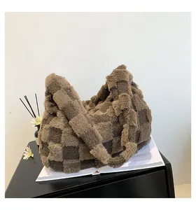 Large capacity checkered plush tote bag with soft brown fur texture for women's winter fashion