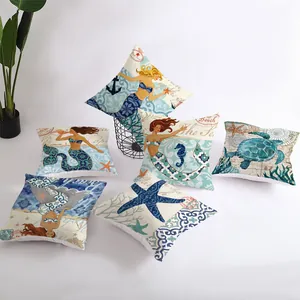 Ocean themed cushion covers with mermaid and sea turtle vintage prints for home decor