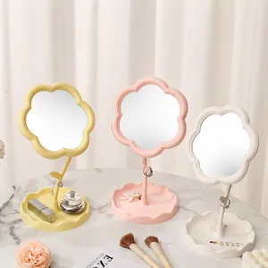 Sunflower shaped desktop makeup mirror with jewelry storage tray in pastel colors