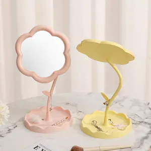 Flower shaped 360 degree rotating desk makeup mirror with jewelry storage base