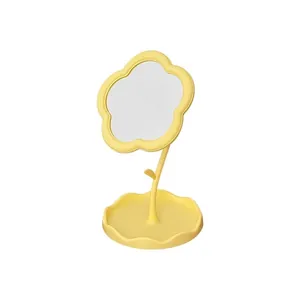 Charming yellow sunflower-shaped desktop makeup mirror with built-in jewelry storage tray