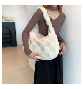 Fashionable plush checkered tote bag for women in cream white with soft fluffy texture