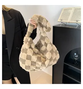 Soft plush checkered tote bag for women showing fabric texture and large capacity