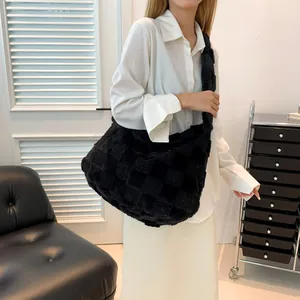 Stylish black plush checkered tote bag for women with large capacity shoulder strap