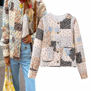 Women's Bohemian Patchwork Quilted Jacket Vintage Floral Print Cotton Padded Coat Casual Long Sleeve Top With Pockets