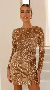 Funkelndes goldfarbenes Pailletten-Minikleid mit langen Ärmeln und Seitenschlitz