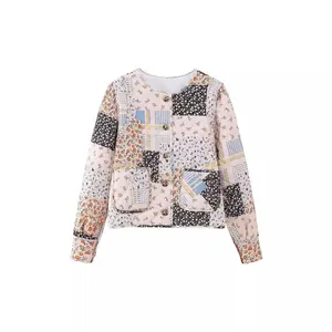 Women's floral patchwork quilted jacket with large pockets and buttons