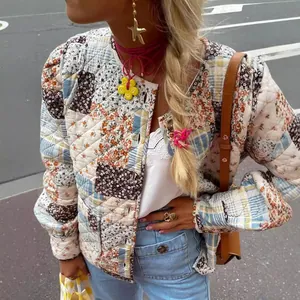 Vintage floral patchwork quilted cotton jacket for women with long sleeves